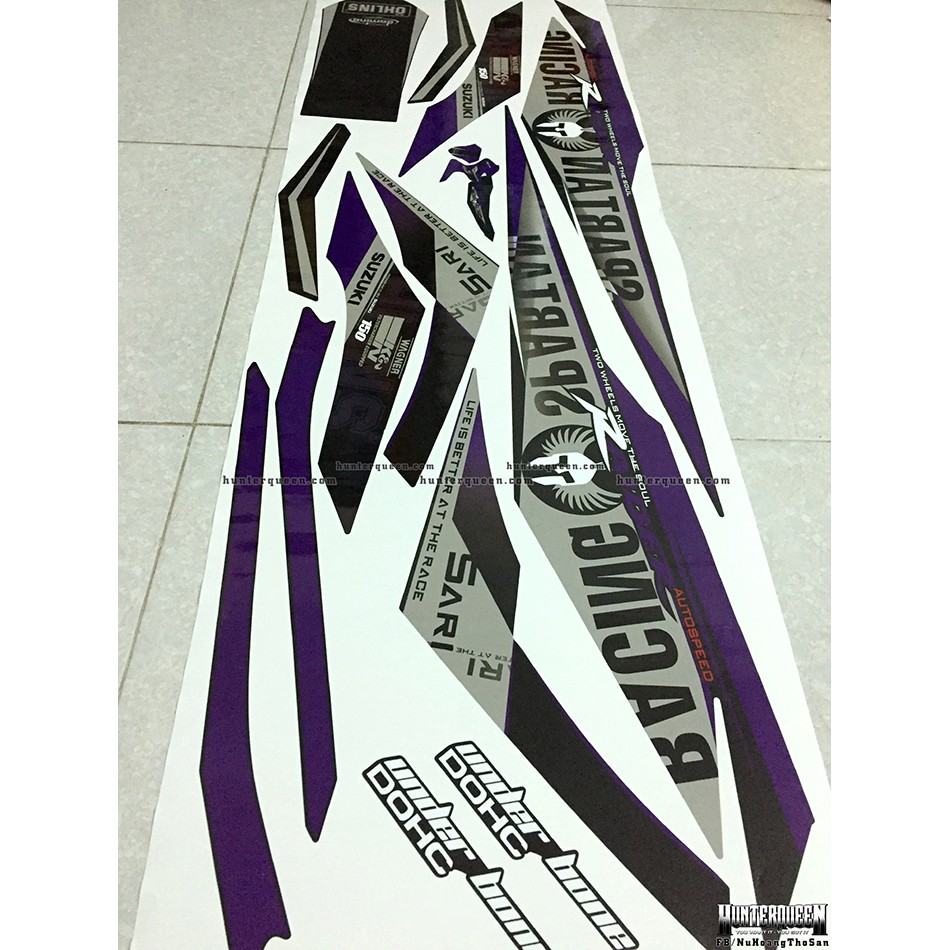 Tem rời Raider xăng cơ, Sparktan tím đen. Decal dán xe tím, bụng phía sau màu đen