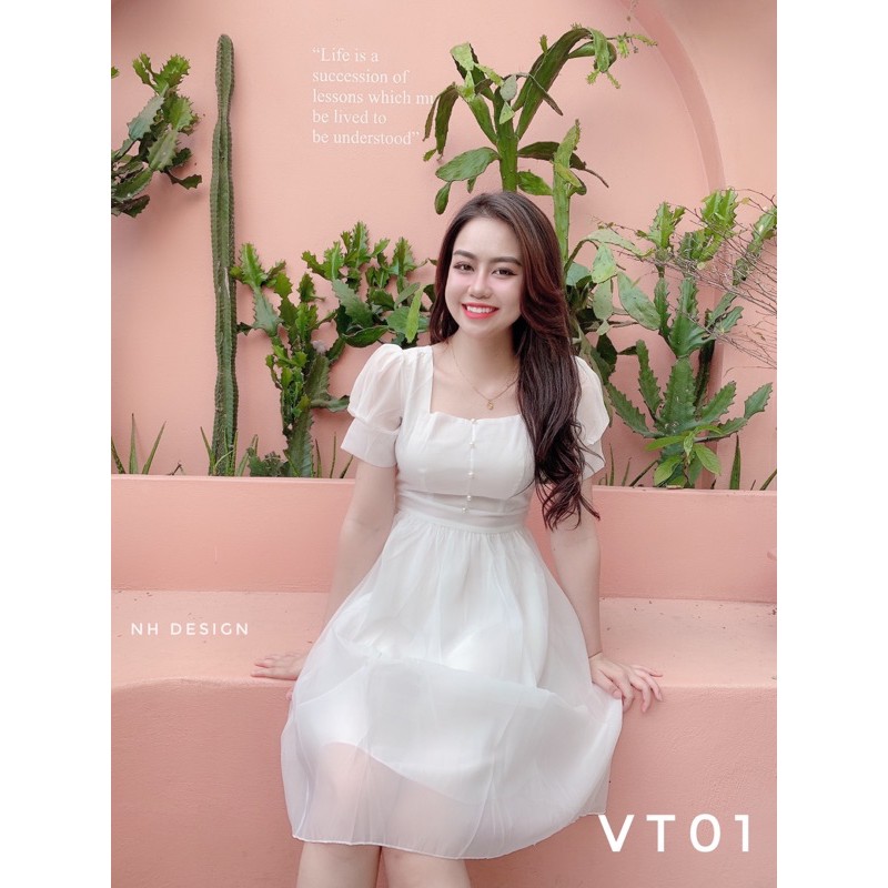 [ VT01 ] VÁY TK CỔ VUÔNG TAY BỒNG KHUY NG