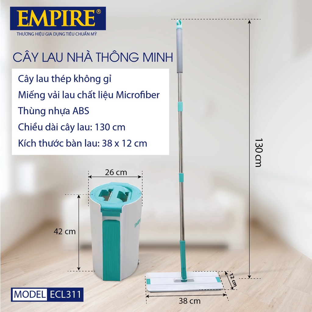 Bộ lau nhà hai ngăn nước sạch nước thông minh tự động vắt gồm 02 miếng bông lau EMPIRE ECL311