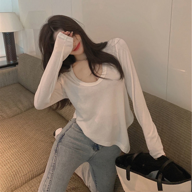 Áo thun COZOK cổ chữ U xẻ tà phong cách Hàn Quốc quyến rũ