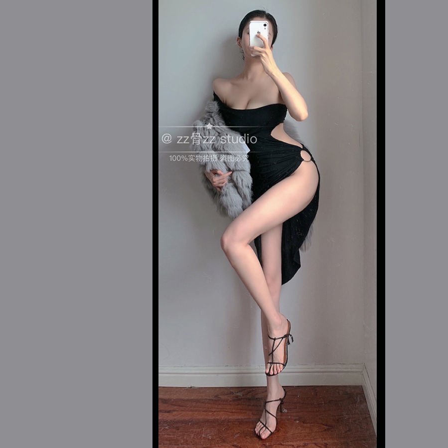 Summer new sexy waist hollow low-cut split beach resort nightclub strapless dress kvfH