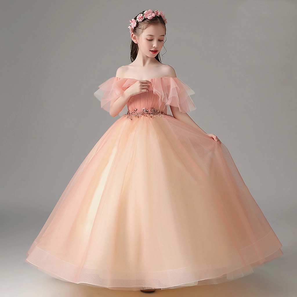Váy công chúa bé gái thiết kế cao cấp cho bé đi dụ tiệc phù dâu tùng dài màu cam lolita DBG092
