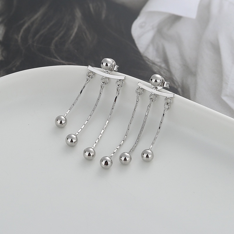 Khuyên Tai Kim Loại Dáng Dài Đính Hạt Tròn Phong Cách Retro