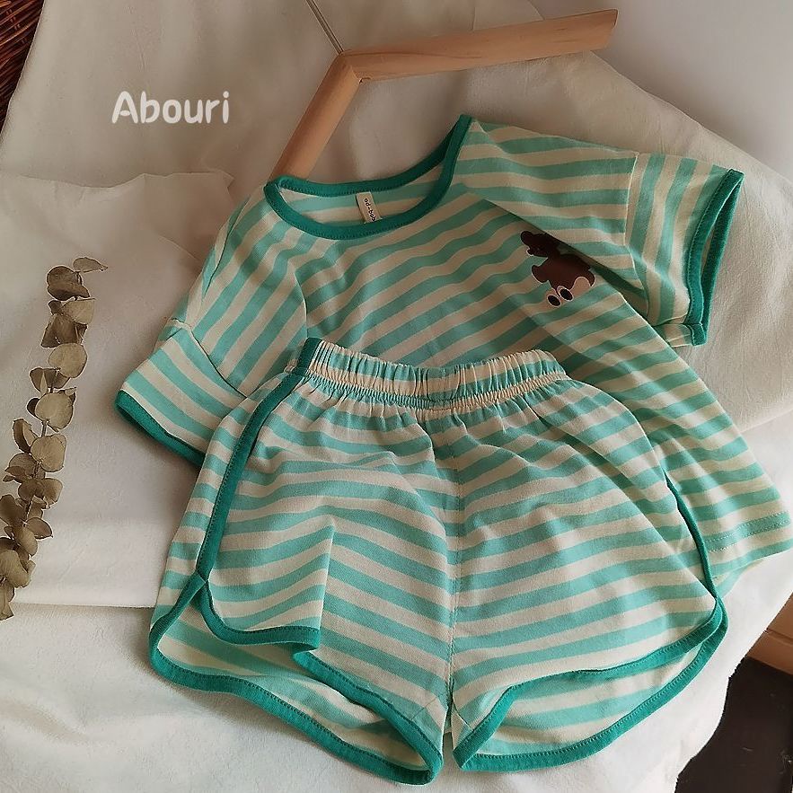 Set Áo Thun Ngắn Tay Kẻ Sọc + Quần Short Thời Trang Mùa Hè Phong Cách Hàn Quốc Cho Bé
