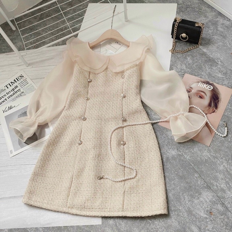 [THIẾT KẾ CAO CẤP]Váy dạ tweed tiểu thư phối tay phồng tơ organza đính nút ngọc chảnh,Váy dạ tweed ngọc tay phồng cổbèo | BigBuy360 - bigbuy360.vn