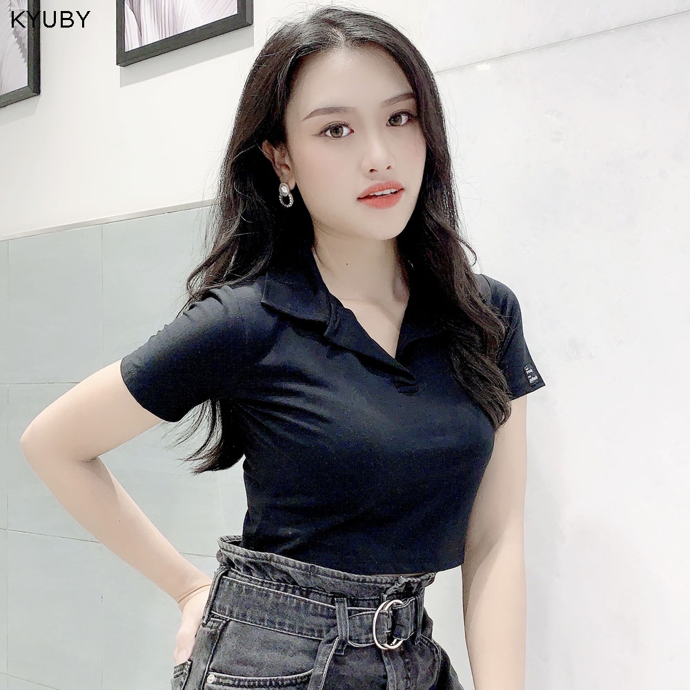 Áo croptop nữ tay ngắn có cổ KYUBY Polo croptop chất cotton