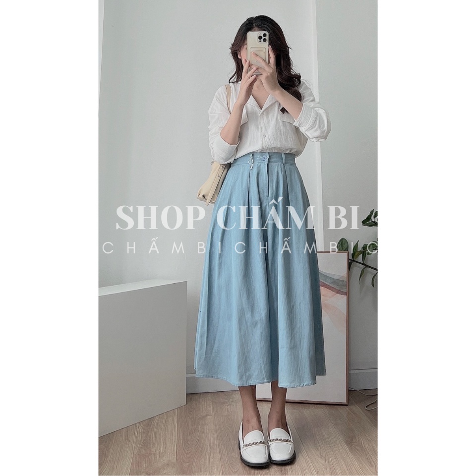 Chân váy jean dáng dài CV.018, Chân váy chun sau cạp khoá cài cúc xếp ly dáng xoè dài cách điệu - Thời trang nữ Chấm Bi