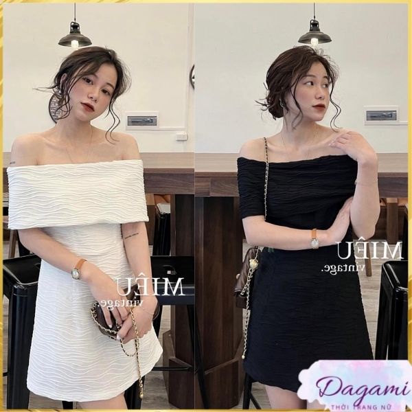 Váy trễ vai body sóng biển Dagami vải thun gân sọc lượn chiết eo sang chảnh siêu xinh