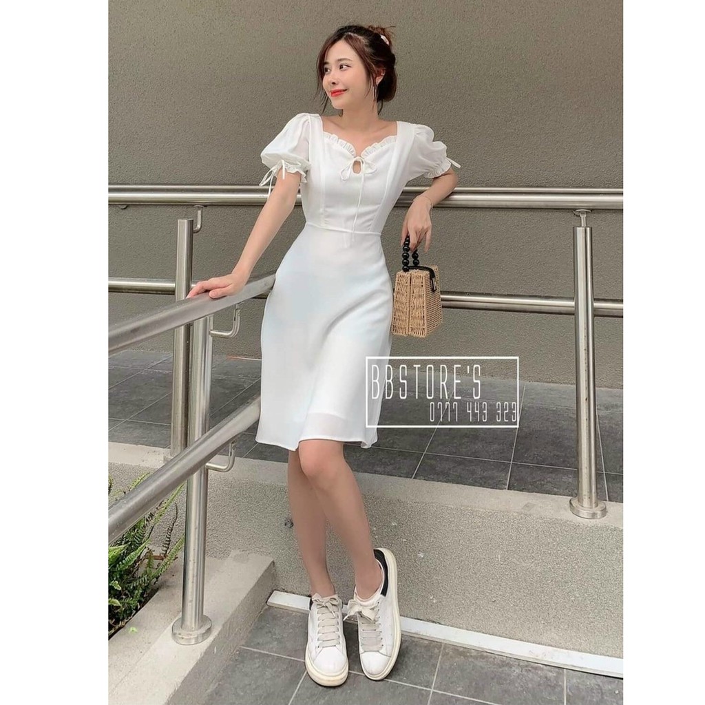 Váy đầm voan nữ tay con cột nơ màu trắng HT90