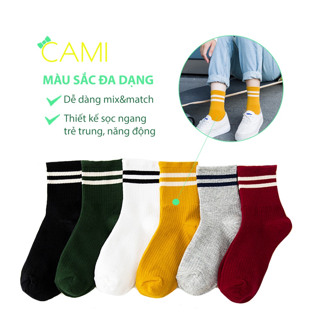 Vớ  thun cotton dạng gân 2 sọc thoáng khí, co giãn tốt, dùng cho nam và nữ - Cami - CMPK215