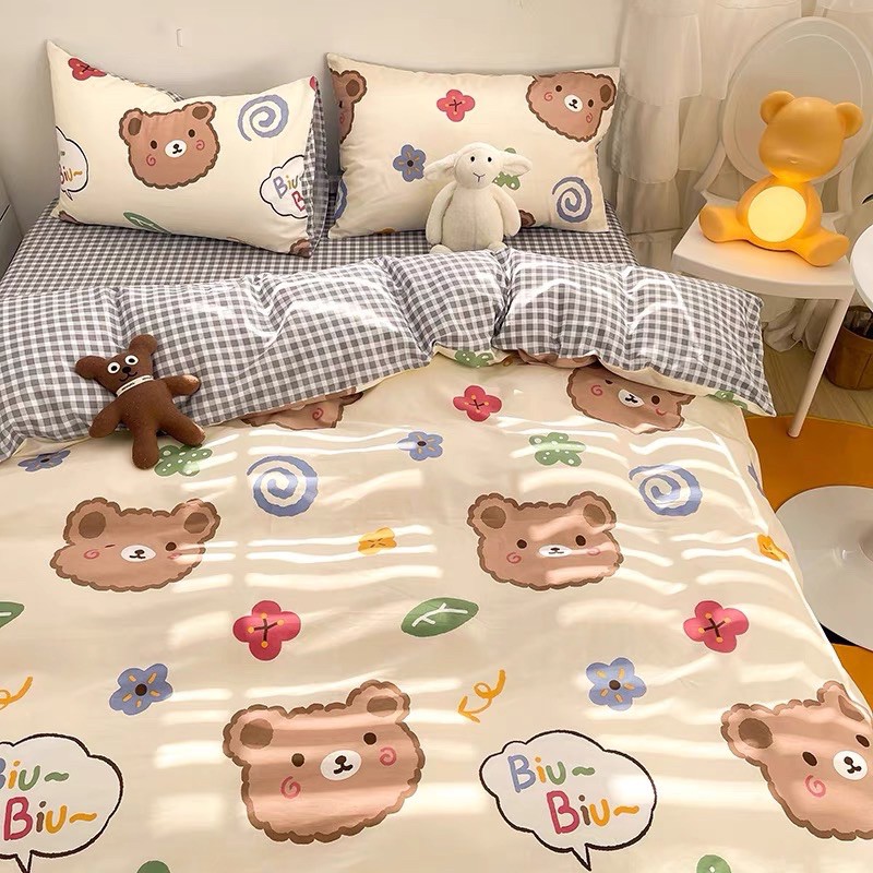 Bộ chăn ga gối Cotton Poly gấu biu biu - Bộ Chăn Ga Gối 5 Món Cao Cấp