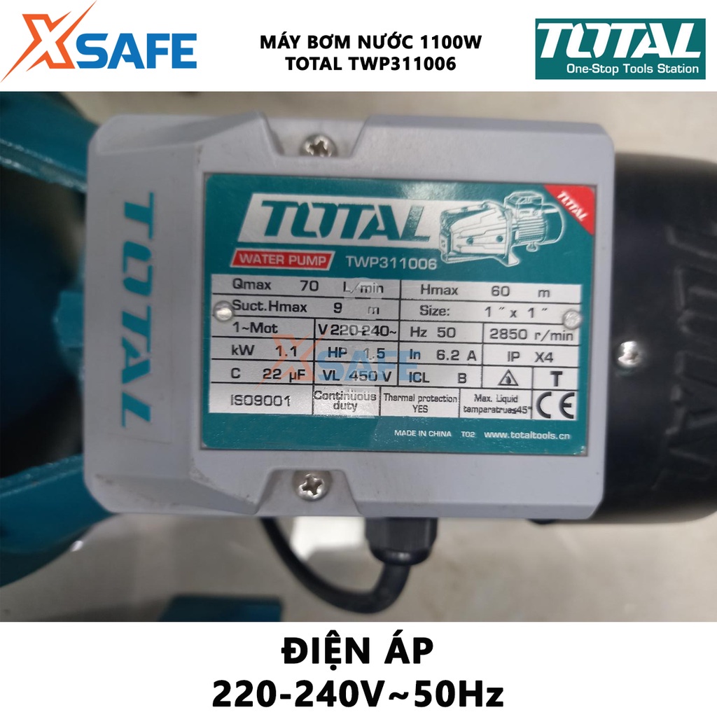 Máy bơm nước TOTAL TWP311006 Máy bơm mini công suất 1100W(1.5HP),hút sâu 9m, mô tơ dây đồng, cánh quạt đồng thau - XSAFE