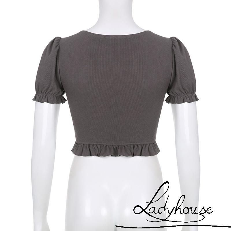 Áo Thun Crop Top Tay Phồng Thiết Kế Dây Rút Phía Trước Thời Trang Mùa Hè Cho Nữ