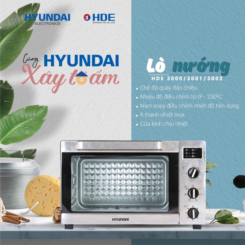 Lò nướng điện Hyundai HDE 3000S Dung Tích 30L,35L,45L - Lò vi sóng có nướng đa năng-Cam Kết Chính Hãng - BH12 Tháng