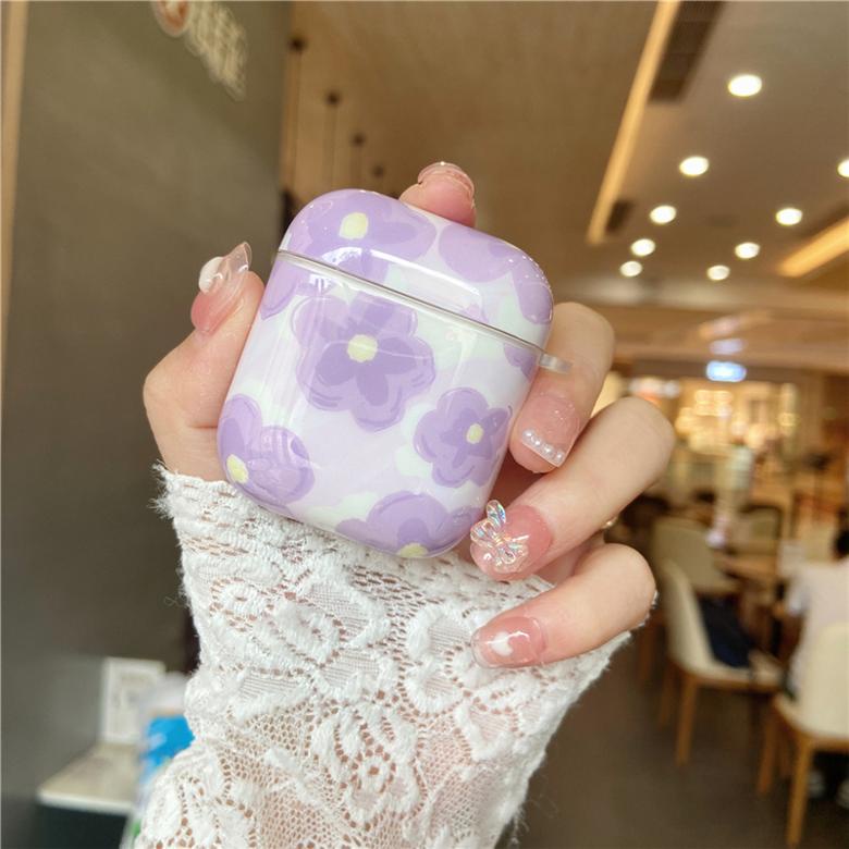 Vỏ cứng bảo vệ hộp sạc tai nghe bluetooth không dây họa tiết hoa tím thích hợp cho Apple 1/2/3