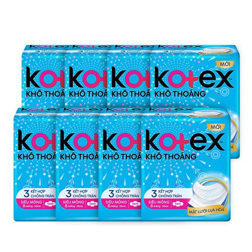 Combo 8 gói băng vệ sinh Kotex khô thoáng - 3 kết hợp chống tràn - siêu mỏng - có cánh gói 8 miếng - 23cm