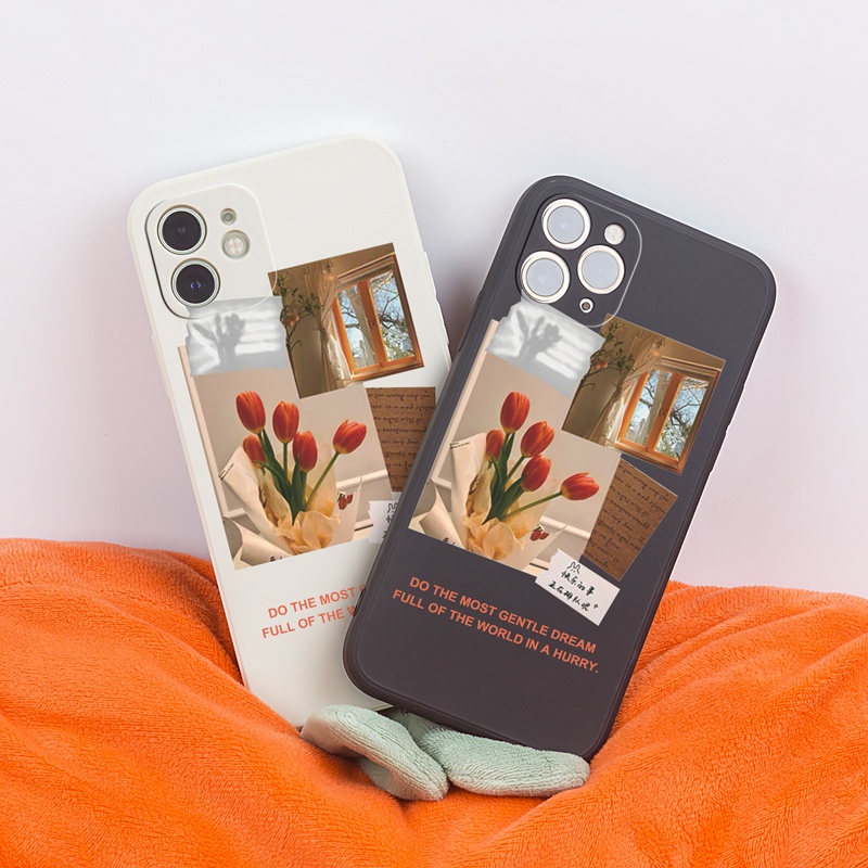 Ốp lưng iphone Ốp điện thoại SUNTAIHO silicone dẻo họa tiết hoa tulip đỏ thích hợp cho iPhone 13 12 11 Mini Pro X XR XS Max 7 8 Plus
