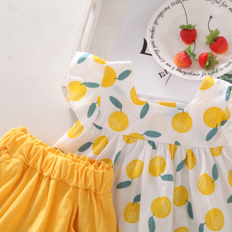 Set áo thun tay loe in họa tiết trái cây &amp; quần short cho bé gái