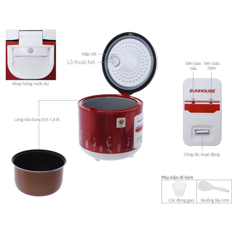 Nồi cơm điện Sunhouse 1.8 lít SHD 8614 - Hàng trưng bày - Bảo hành 12 tháng