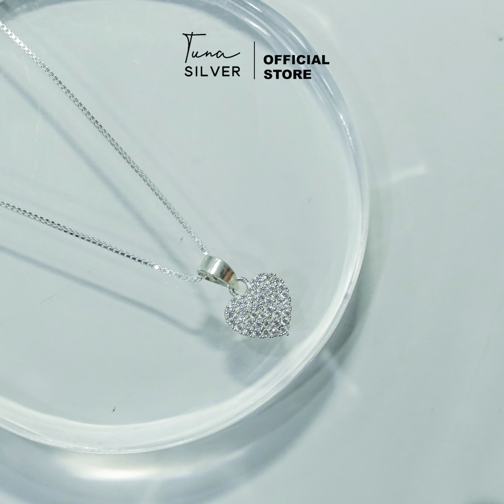 Dây chuyền Bạc gắn đá pha lê mặt trái tim, Vòng cổ đeo  Bạc cao cấp 𝐂𝐚𝐦 𝐤𝐞̂́𝐭 𝐜𝐡𝐮𝐚̂̉𝐧 𝐁𝐚̣𝐜 TUNA SILVER