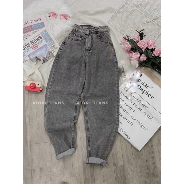 Quần Jean Nữ Aiori Fashion Baggy Lưng Cao Trơn Màu Xám Jean Bò Cạp Cao Lai Tua Phong Cách Thời Trang Hàn Quốc_Mã 080
