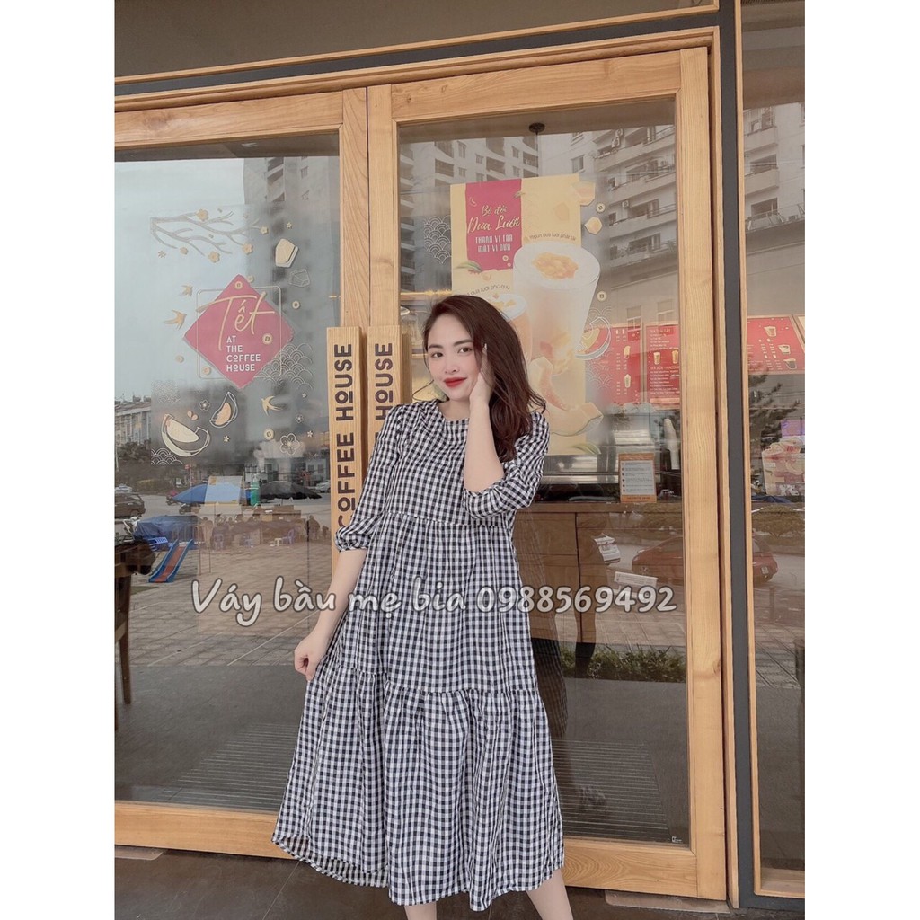 Váy bầu bigsize -Đầm bầu thiết kế GuMe 2 màu Caro Đỏ, Đen dáng 3 tầng tay lỡ chất vải thô cotton mềm mát MB205 ảnh thật