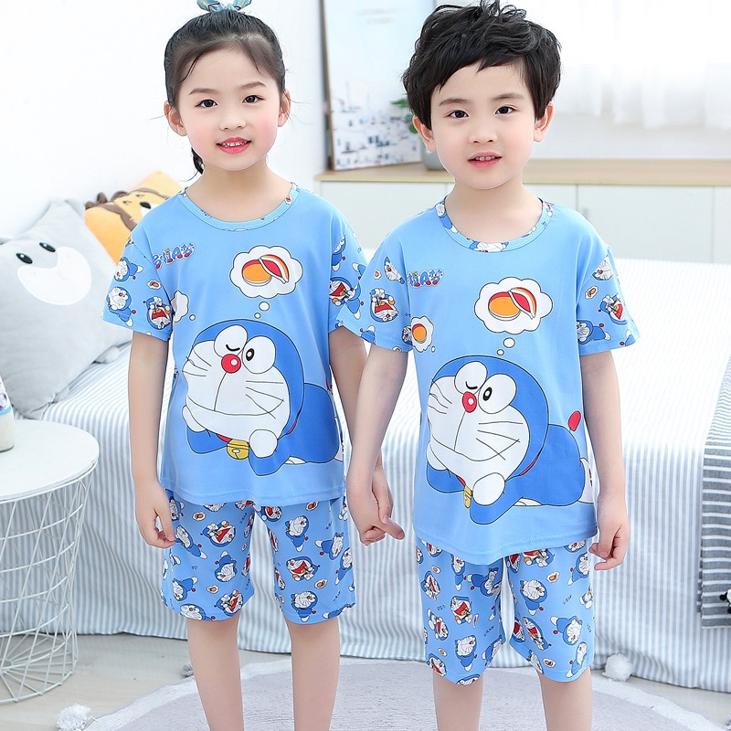 Bộ đồ ngủ tay ngắn chất liệu polyester thoải mái in họa tiết hoạt hình đáng yêu cho bé