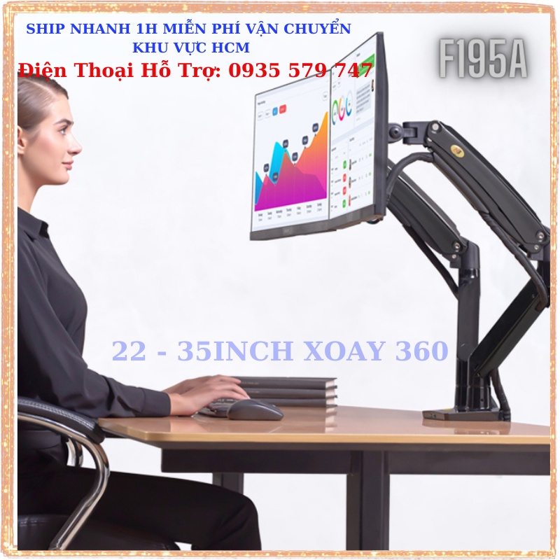 Giá Treo Hai Màn Hình NB F195A 22 - 32 Inch - Tay Treo Màn Hình Kép Gắn Bàn Đa Năng