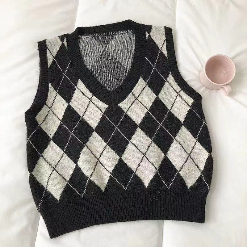 Áo Sweater dệt kim không tay cổ chữ V họa tiết sọc caro thời trang mùa xuân 2021 cho nữ | BigBuy360 - bigbuy360.vn