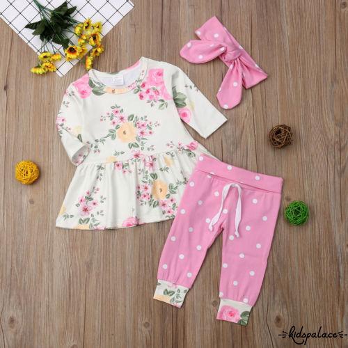 Set áo tay dài + quần legging + băng đô họa tiết chấm bi cho bé gái