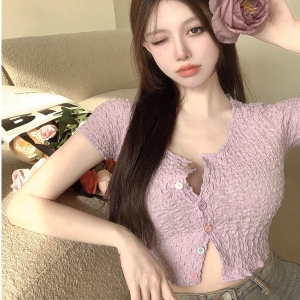 Áo cardigan dệt kim ZHELIHANGFEI tay ngắn lưng cao phong cách thời trang quyến rũ