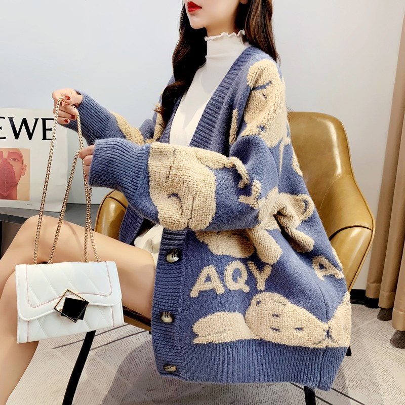 (ORDER) Áo khoác len cardigan họa tiết hình gấu và chữ form rộng dài style vintage kiểu Pháp