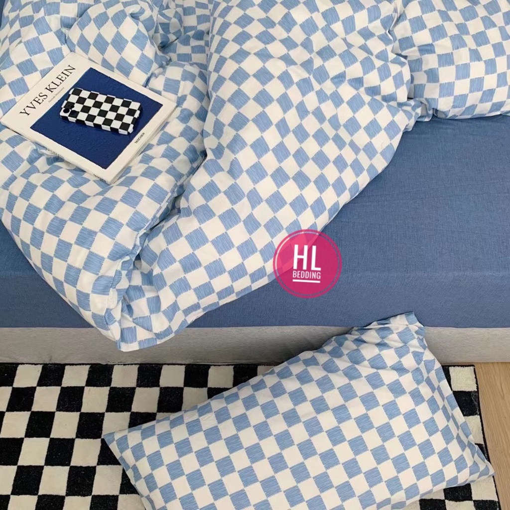 Bộ chăn ga Cotton Poly HL bedding chăn ga Hàn Quốc bàn cờ vua caro ô vuông xanh dương nhỏ đủ size miễn phí bo chun