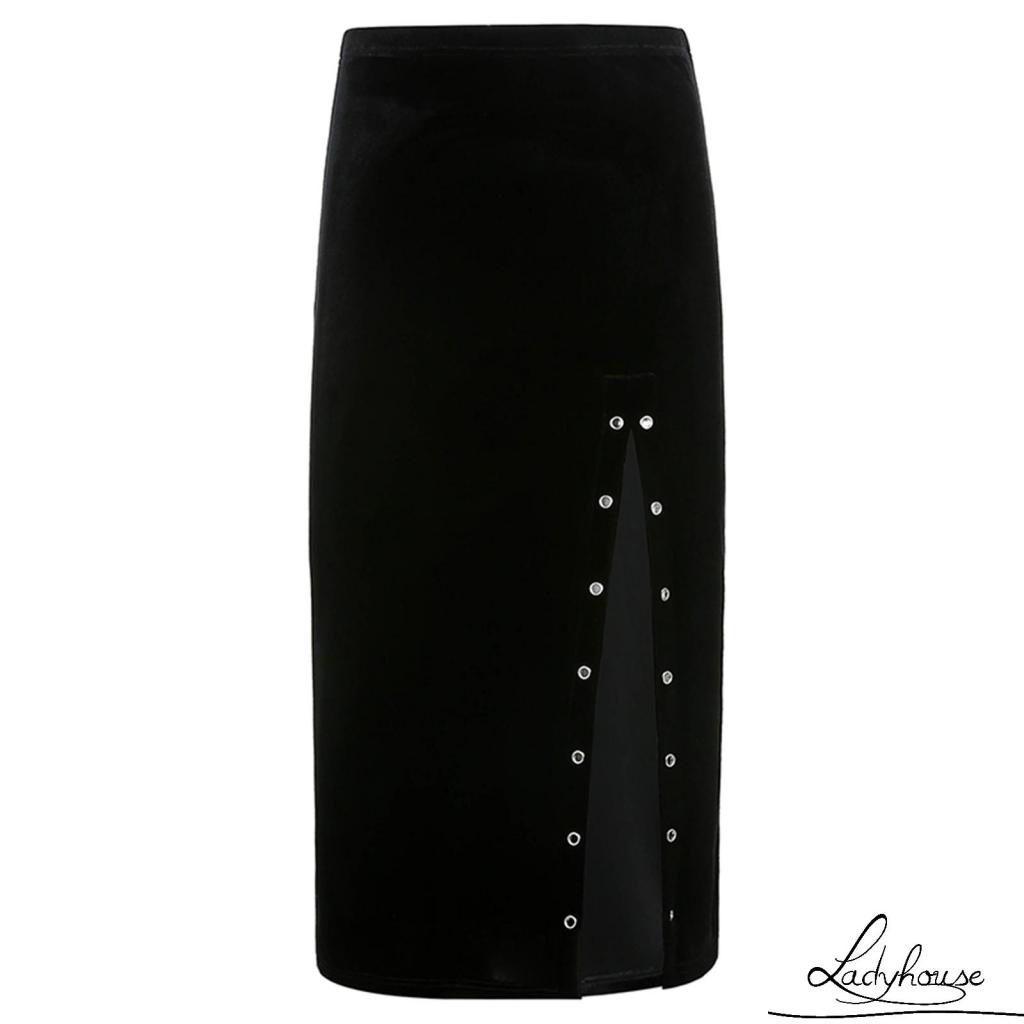 Chân Váy Lưng Cao Xẻ Tà Phối Vòng Kim Loại Màu Trơn Thời Trang Thu Đông Cho Nữ