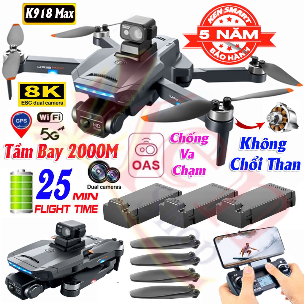 Flycam Drone Camera 4K K918 Max G.P.S Cảm Biến Tránh Vật Cản, Thời Gian Bay 25 Phút, Tầm Xa 2000m, Không Chổi Than