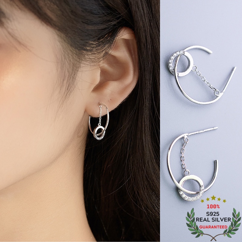 Bông Tai Bạc S925 Chữ C Crystal Round Trẻ Trung Cá Tính | Khuyên Tai Nữ Trang Sức Bạc 925