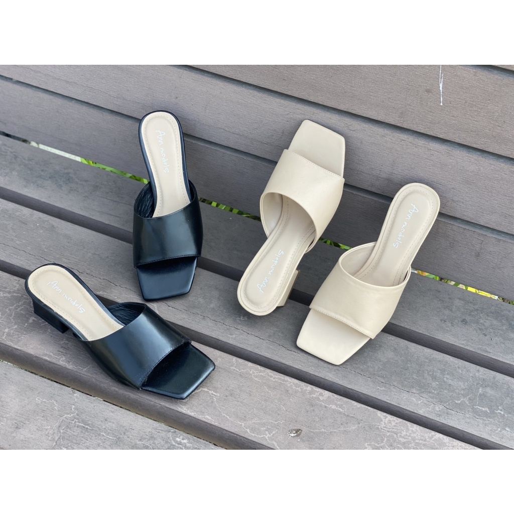 Guốc nữ 3 phân quai ngang dáng sandal cao gót mules gót vuông 3p mũi vuông thời trang công sở