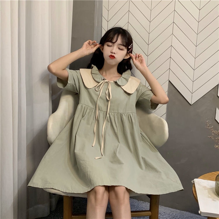 Đầm Chữ A Tay Ngắn Cổ Peter Pan Cột Dây Dáng Rộng Thiết Kế Mới Thời Trang Cho Sinh Viên