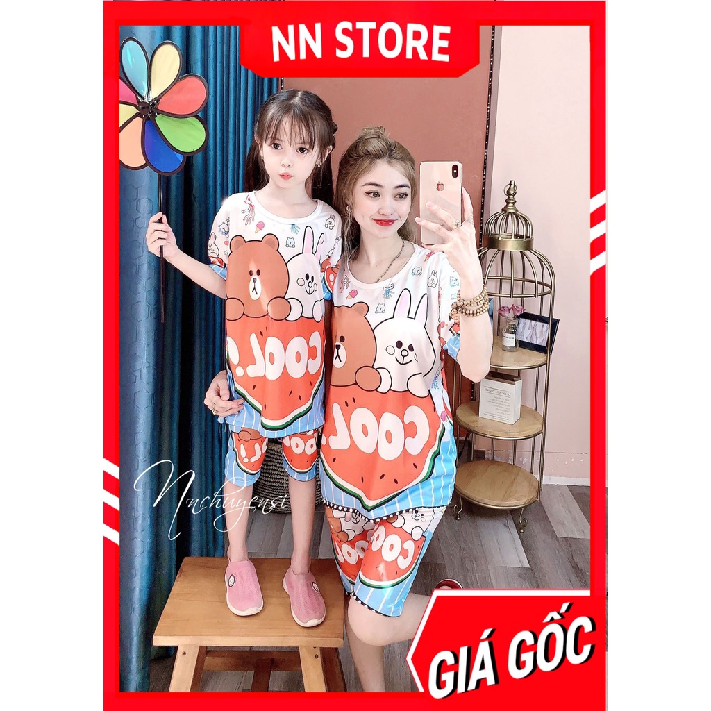 Đồ bộ thun quần LỬNG cho mẹ và bé 7kg - 70kg mặc nhà chất thun mềm mát in hình gấu hoạt hình dễ thương DBRBL FULL SIZE