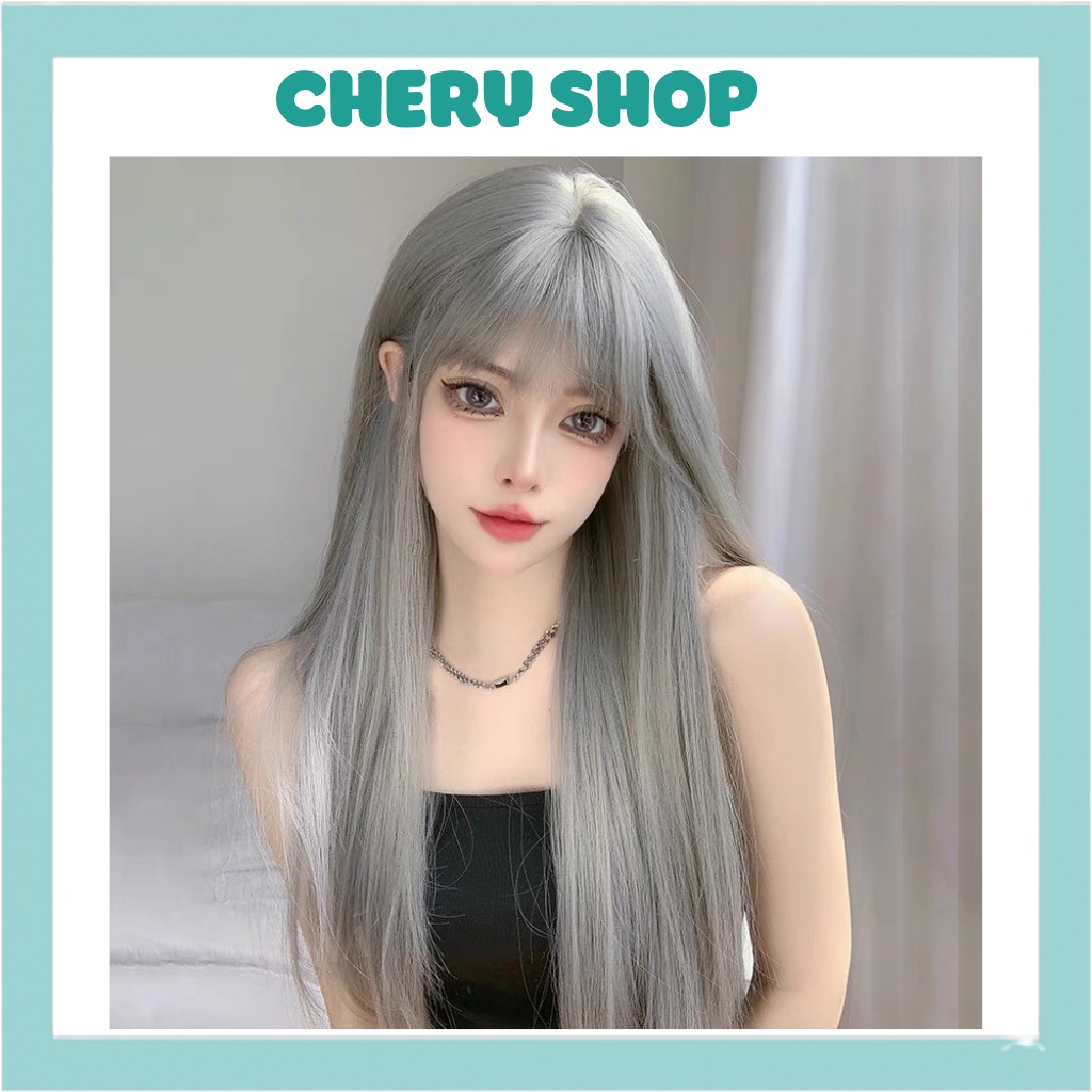 Tóc giả nguyên đầu thẳng dài màu xám khói tự nhiên tặng kèm lưới trùm wig mã z7007