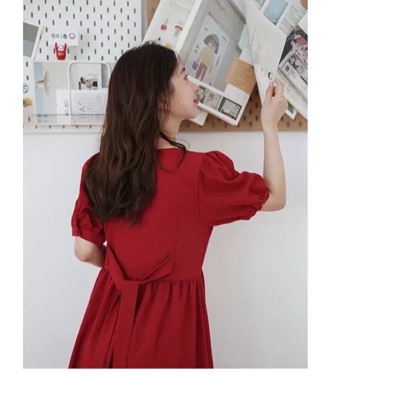 Váy bầu dáng babydoll cổ vuông tay chun xinh xắn kèm dây đai