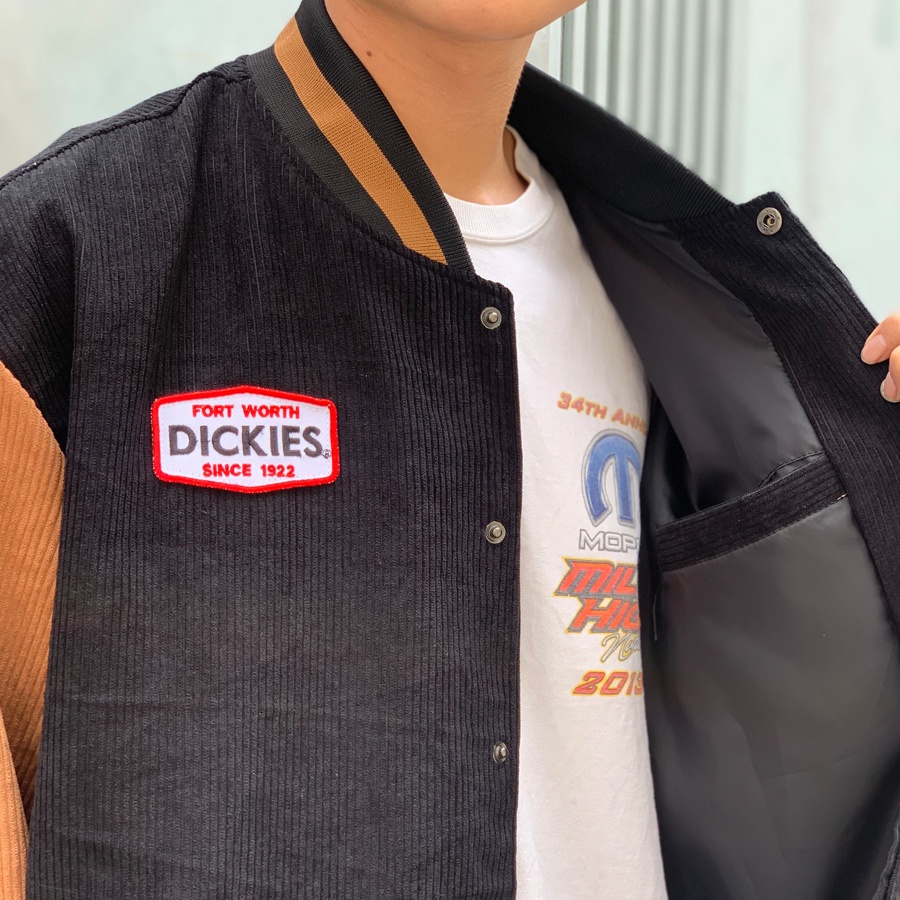 Áo Khoác Bomber Jacket Varsity Dickies Đen nâu - Form rộng oversize - Chất liệu nhung tăm cao cấp.