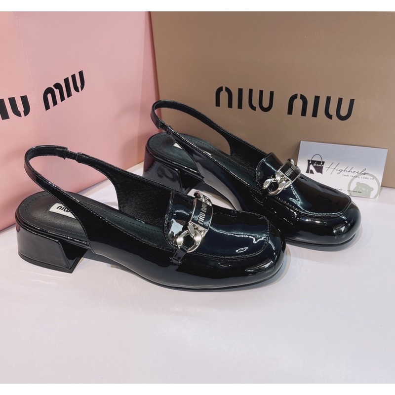 Xang đan MiuMiu quảng châu cao cấp đế vuông 5cm màu đen (size 1.5) [Hàng Full Hộp- Phụ Kiện hãng]