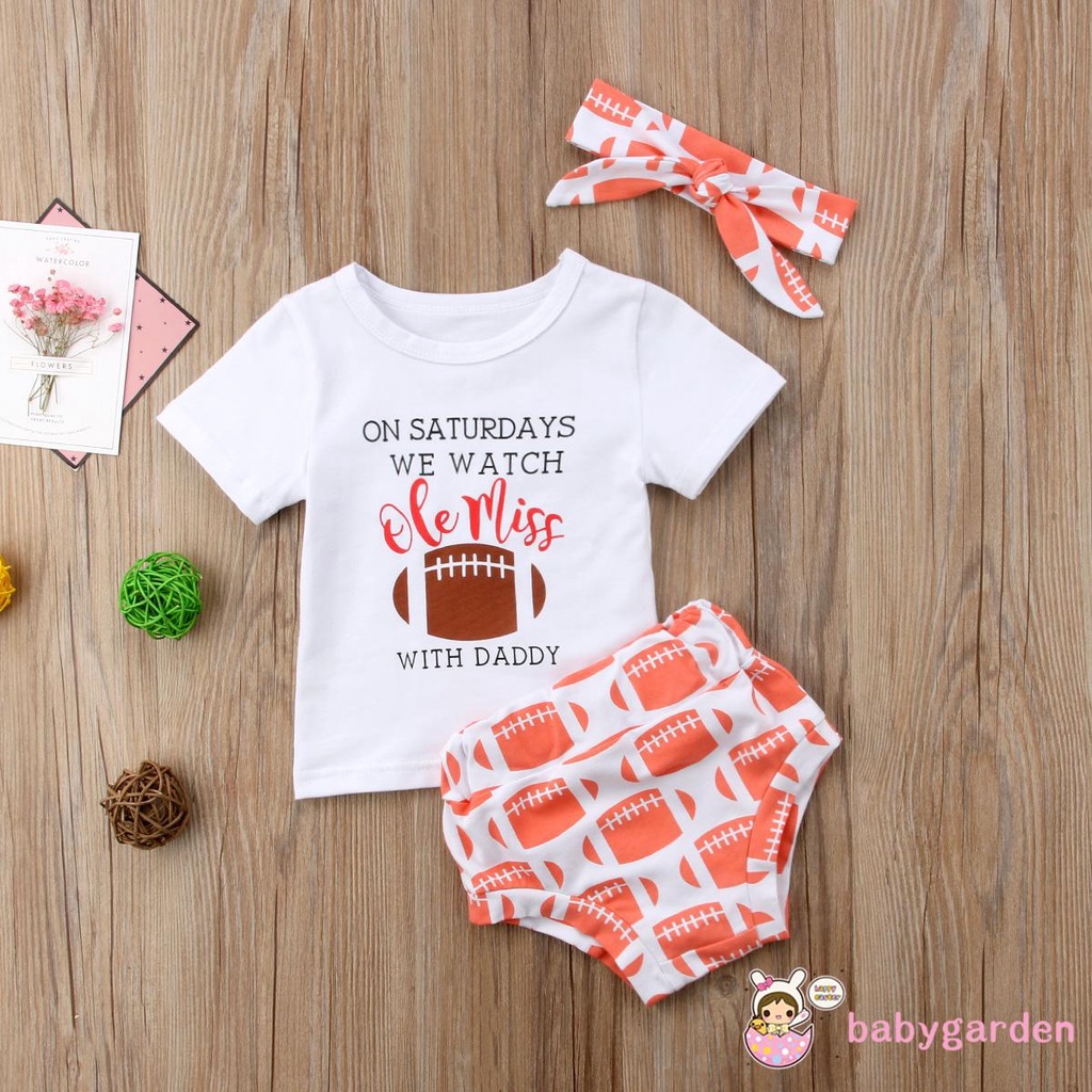 Set áo thun ngắn tay in chữ + quần short kèm băng đô thắt nơ cho bé gái