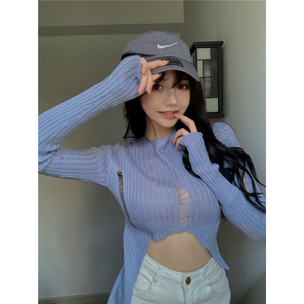 Áo Croptop Dệt Kim Tay Dài Chống Nắng Thiết Kế Thời Trang Cho Nữ