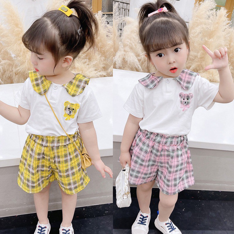 Bộ Quần Áo Tay Ngắn Cổ Búp Bê Chất Liệu Cotton Thời Trang Mùa Hè Phong Cách Hàn Quốc Cho Bé Gái