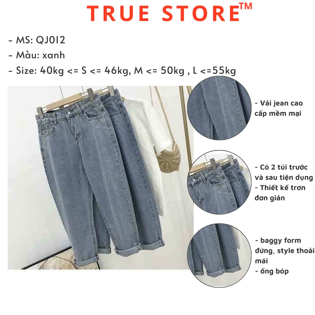 Quần baggy jean nữ xanh ống suông trơn khóa kéo mẫu mới về 2022, quần bò beggy nữ đang thịnh hàng, True Store, QJ012