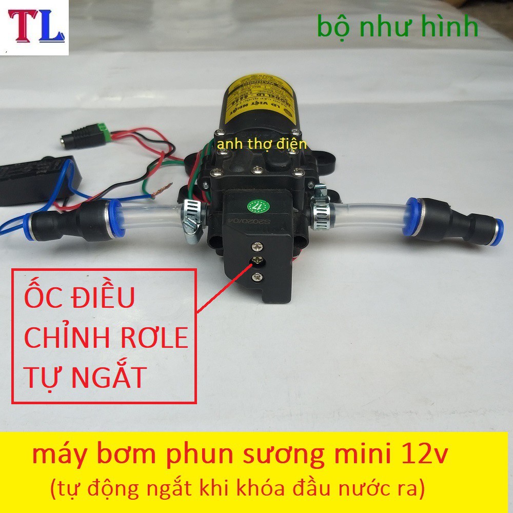 máy bơm phun sương - máy bơm mini 12v (bơm tăng áp 12v+2 chuyển nhanh ra ống 8mm+chiết áp+rắc cắm nguồn)