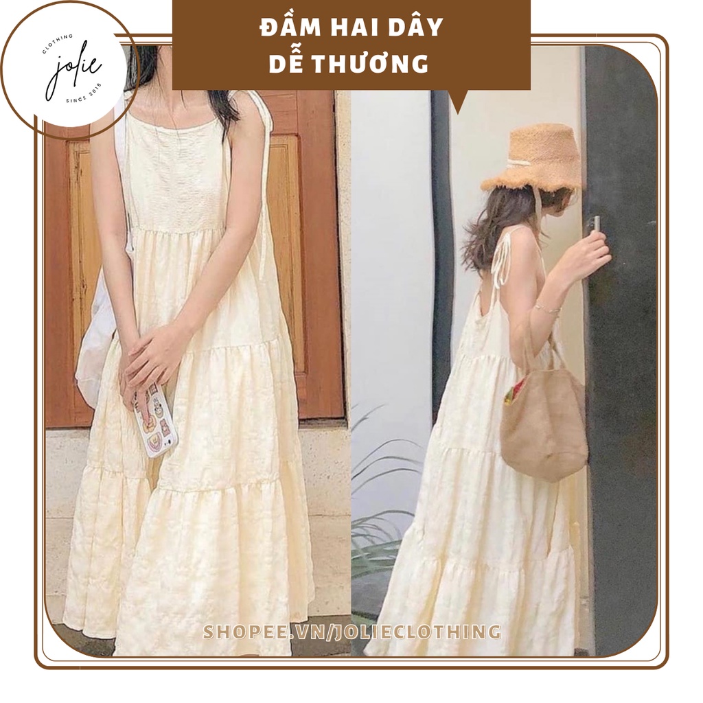 Đầm hai dây dáng dài hai lớp, váy maxi hai dây chất xốp buộc nơ vai dễ thương, phong cách Hàn quốc, màu be, xanh