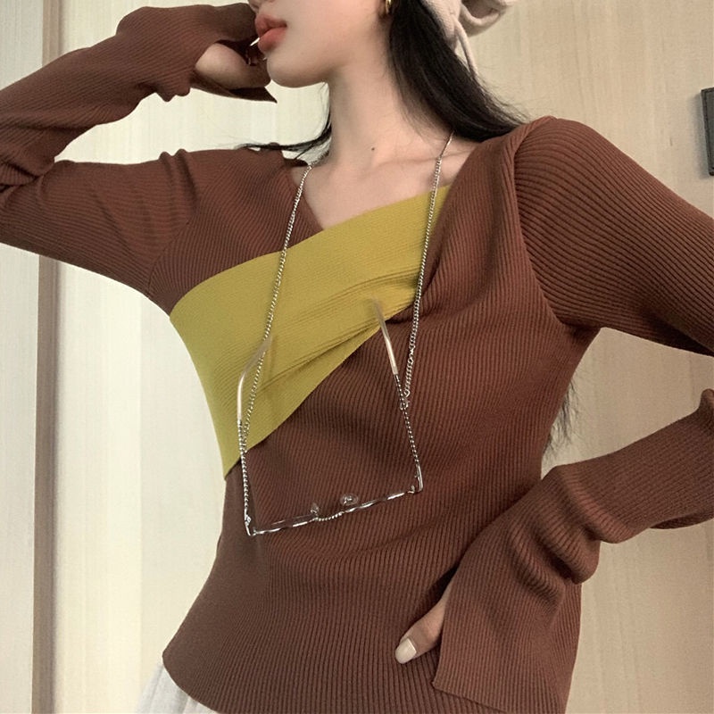 Áo Sweater Tay Dài Vạt Chéo Màu Tương Phản Độc Đáo Thời Trang 2022 Cho Nữ